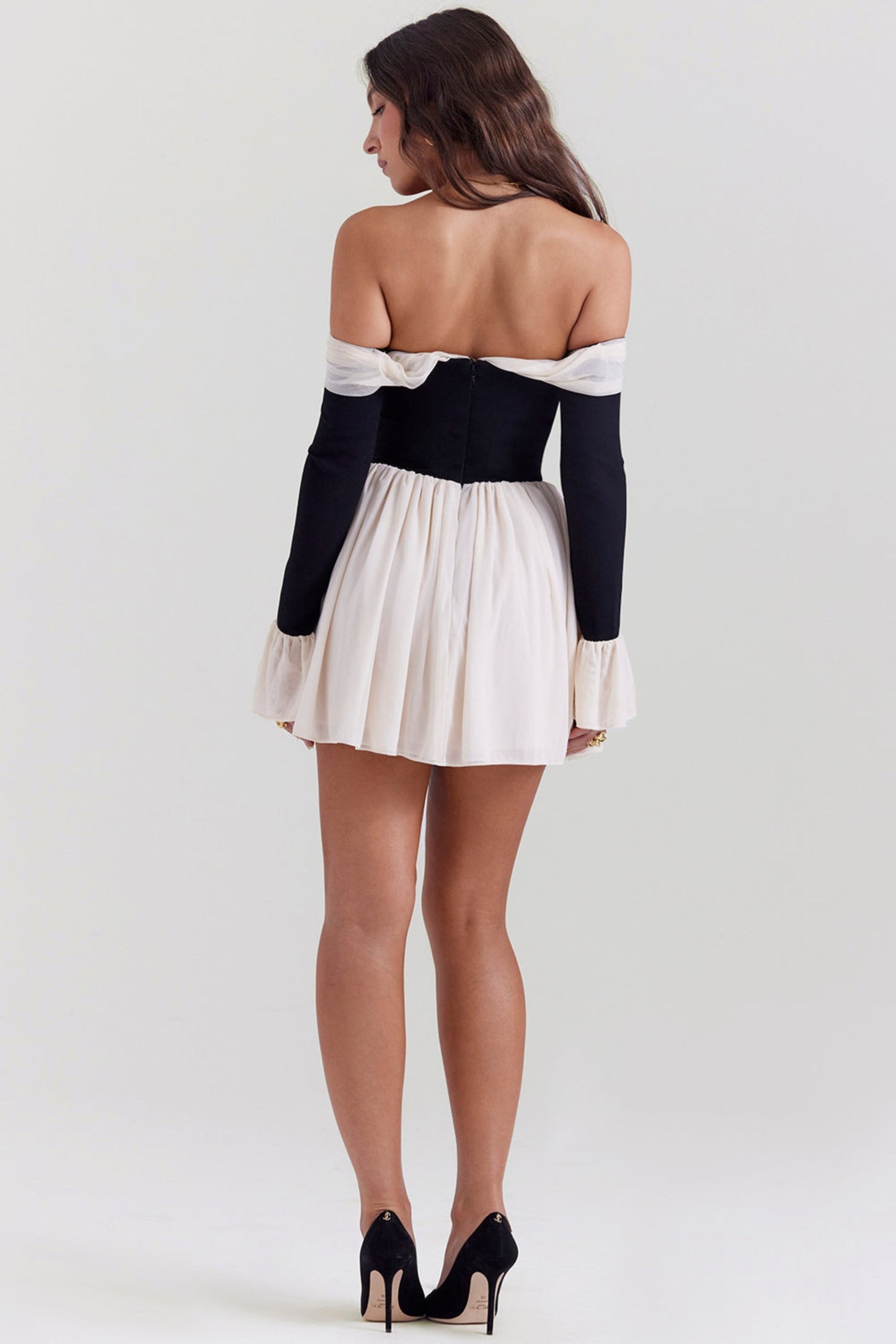 Ava Black & Cream Off Shoulder Mini Dress